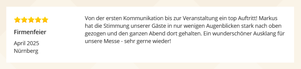Screenshot einer 5-Sterne-Rezension: Der Kunde Medifox Dan lobt Event-DJ Markus Rosenbaum für die tolle Stimmung auf der Altenpflege Messe Nürnberg.