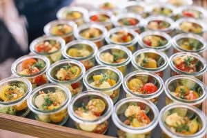 Finger food in small glasses at an after-trade fair event in Cologne.