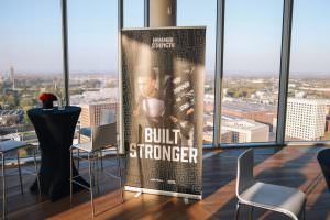 Fitness advertising poster at an after-trade-fair event by Life Fitness in Cologne.