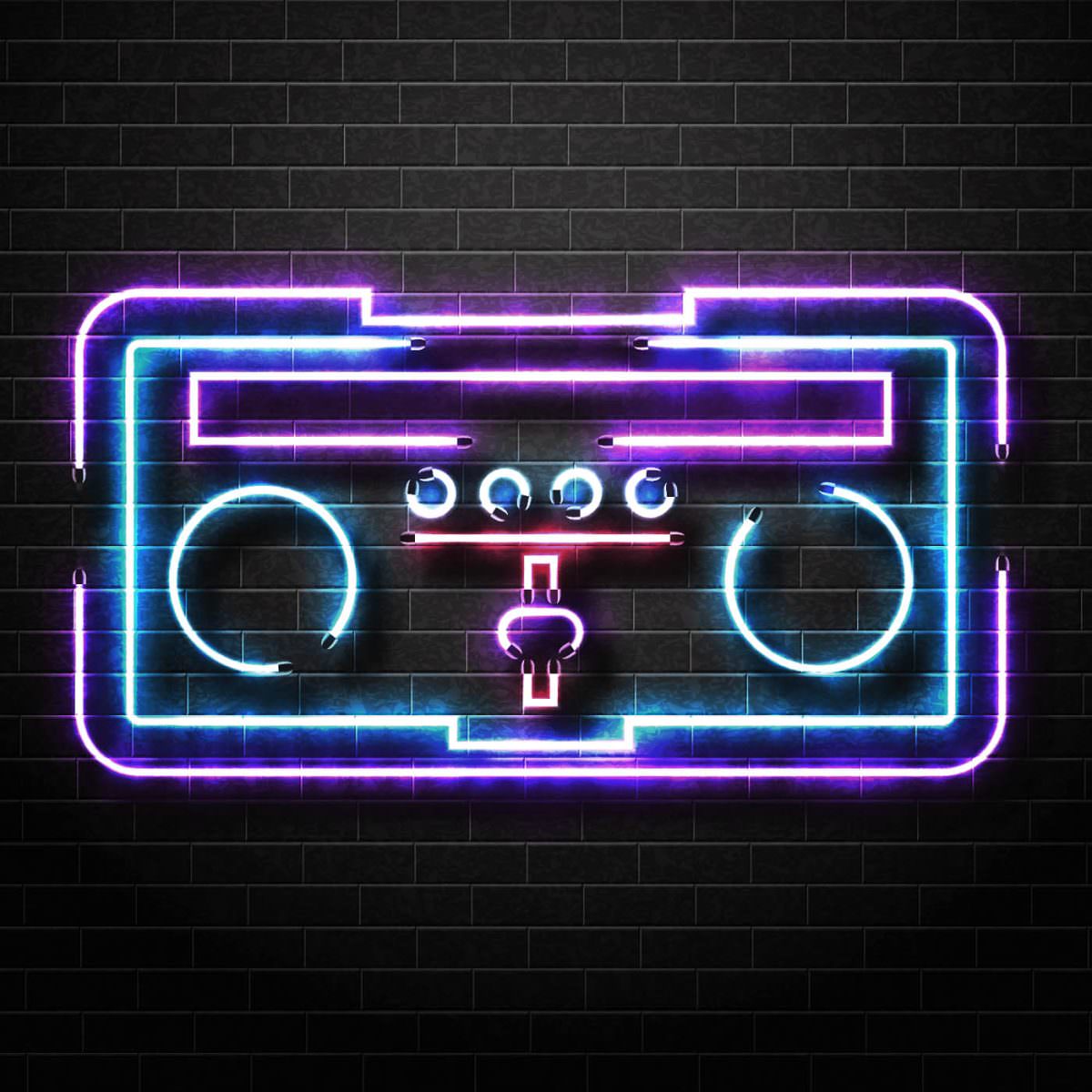 Neon light in the shape of a DJ mixing desk, hanging on a black brick wall