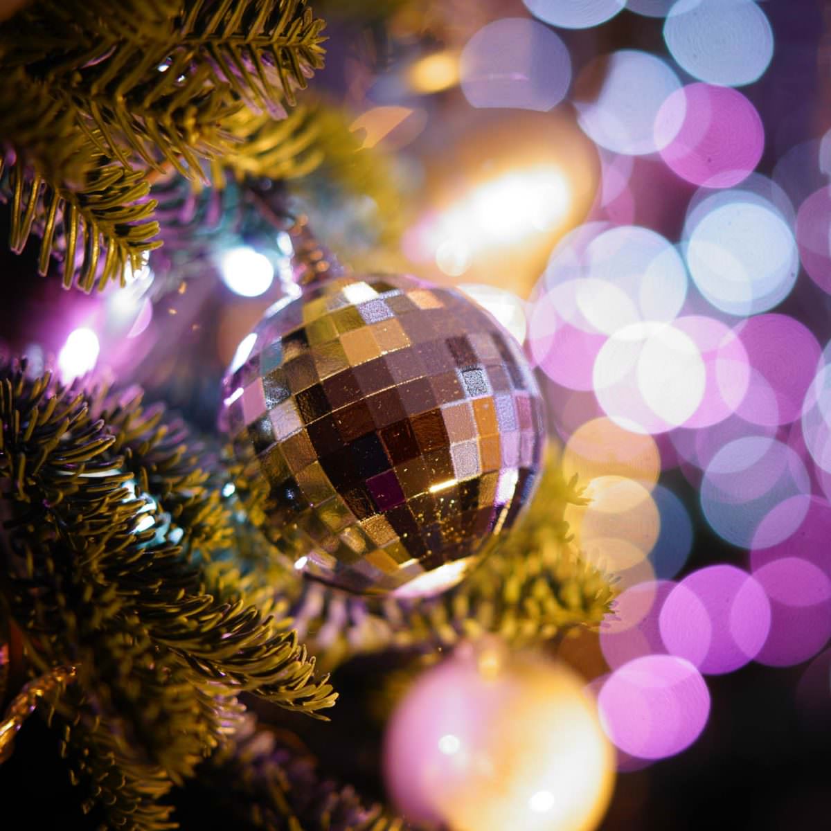 eine kleine Disco Kugel hängt zur Deko an einem Weihnachtsbaum
