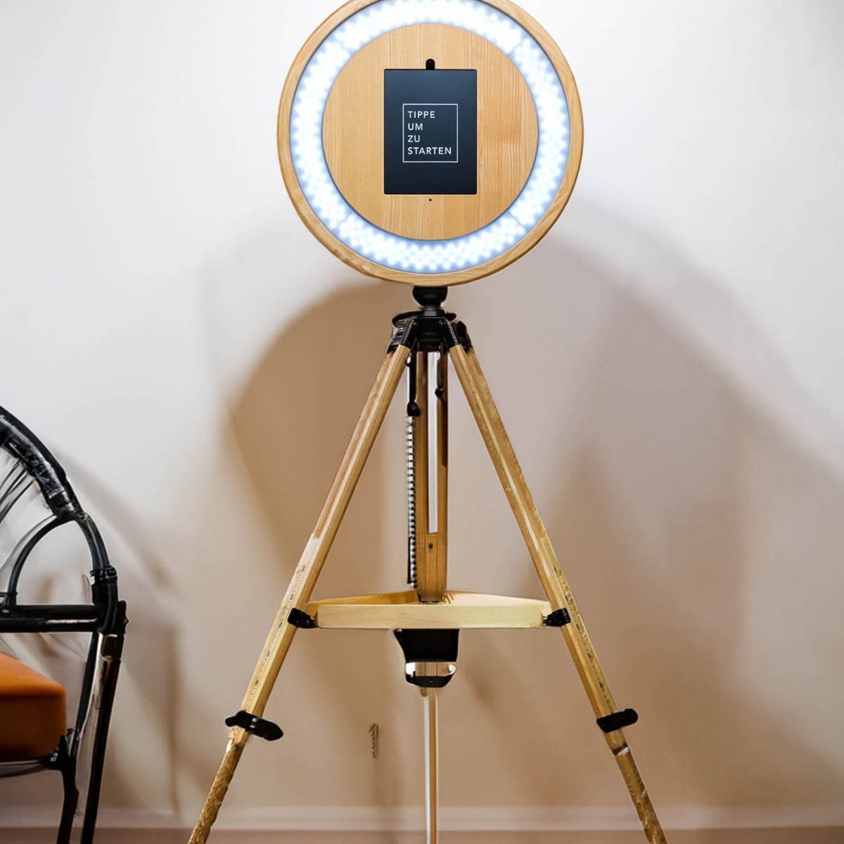 High-quality photo booth in elegant wood design - available for hire from Event DJ Markus Rosenbaum